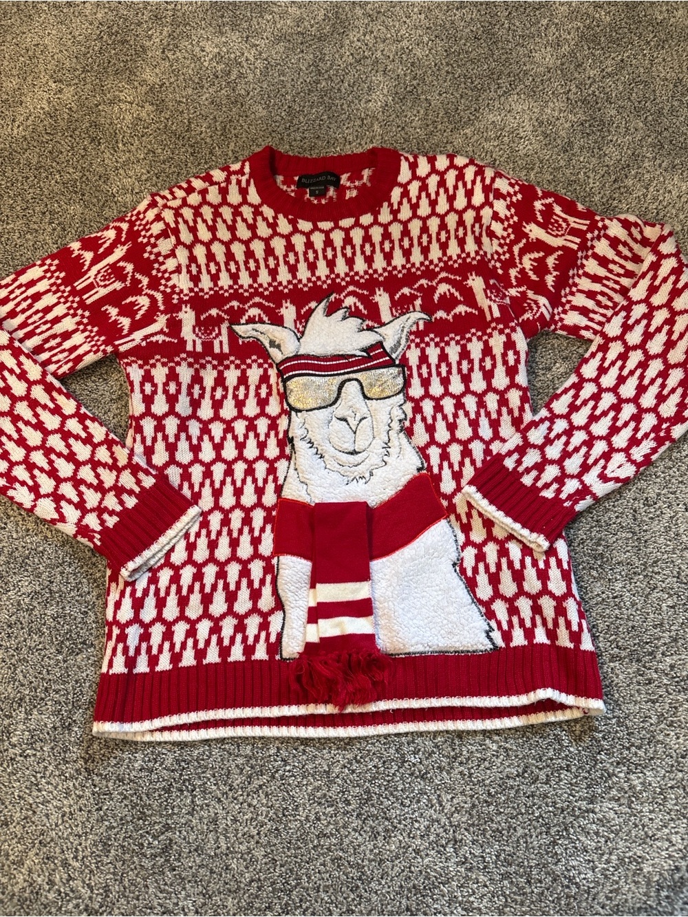 Men’s Red and white Llama Holiday Sweater with Sunglasses Graphic